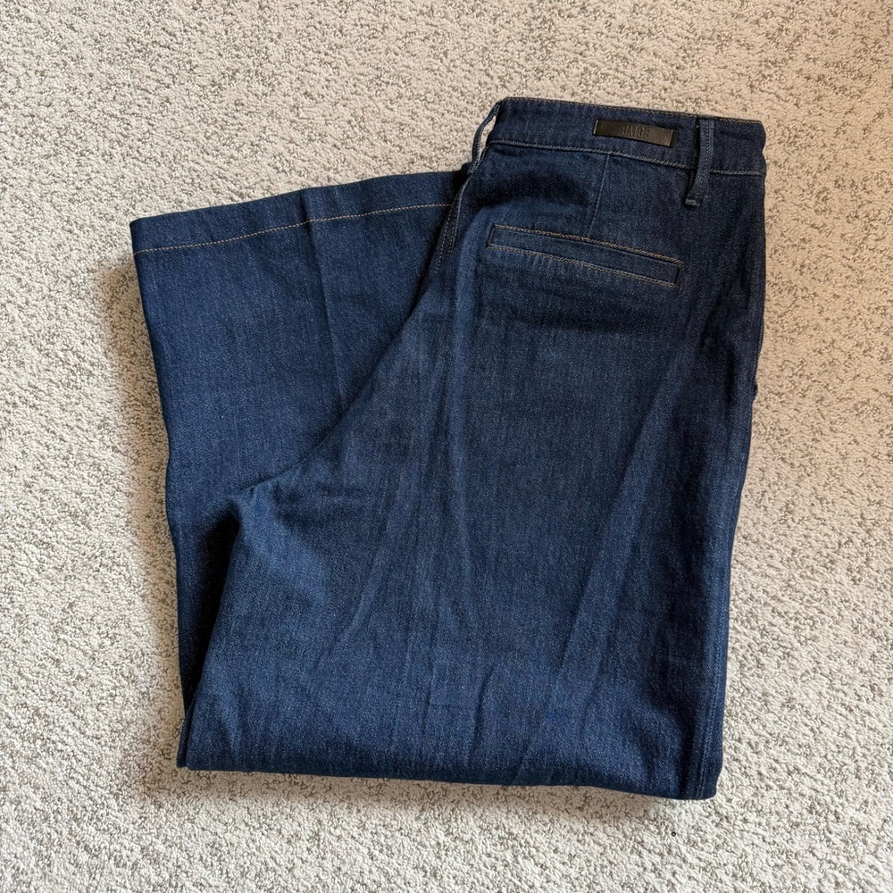 PAIGE Dark Wash Wide Leg Cropped Trouser Jeans Front Seam High Rise Size 31 - Picture 4 of 6
